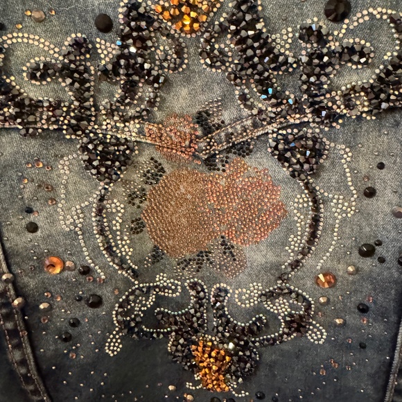 Venus Medium Wash Denim Jacket w Navy/Copper/Silver Rhinestone Designs - Picture 3 of 5